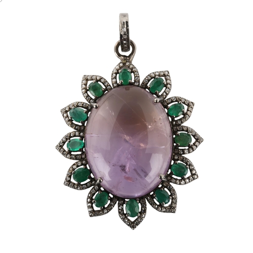 370 - A modern amethyst emerald and diamond cluster flowerhead pendant, set with 38.4ct oval cabochon amet... 