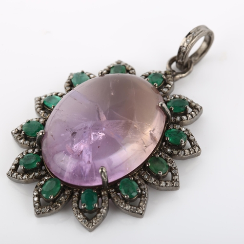 370 - A modern amethyst emerald and diamond cluster flowerhead pendant, set with 38.4ct oval cabochon amet... 