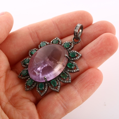 370 - A modern amethyst emerald and diamond cluster flowerhead pendant, set with 38.4ct oval cabochon amet... 