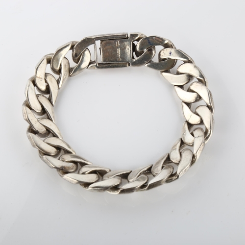 375 - A heavy silver flat curb link bracelet by Richard Fox, band width 14.7mm, bracelet length 22cm, 86g