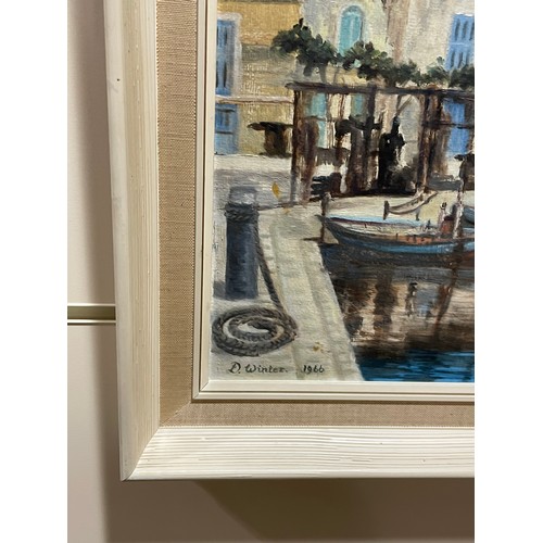 1522 - D Winter, oil on board, Mediterranean harbour scene, 1966, 37cm x 49cm, framed