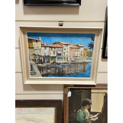 1522 - D Winter, oil on board, Mediterranean harbour scene, 1966, 37cm x 49cm, framed