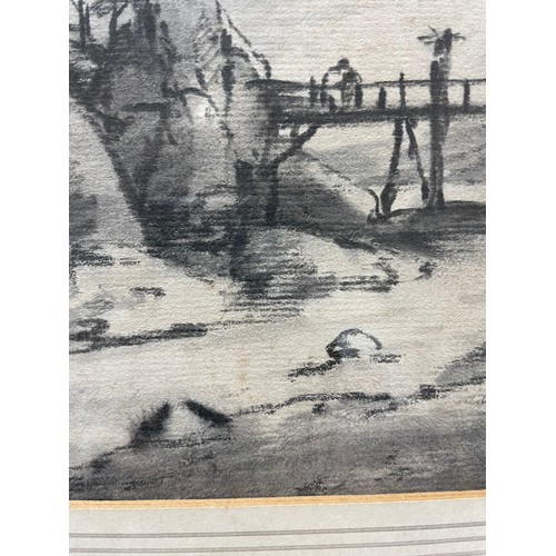 1639 - Dr Thomas Monro, charcoal on paper, bridge over a river, 16cm x 21cm, framed