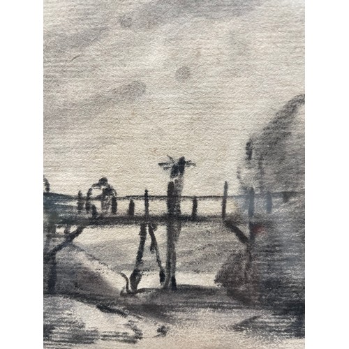 1639 - Dr Thomas Monro, charcoal on paper, bridge over a river, 16cm x 21cm, framed