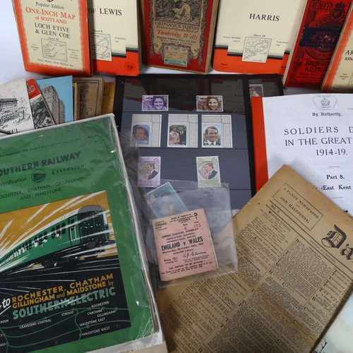 111 - A quantity of stamps, Bartholomew's road maps, deeds and indentures, and 3 Wembley football tickets,... 