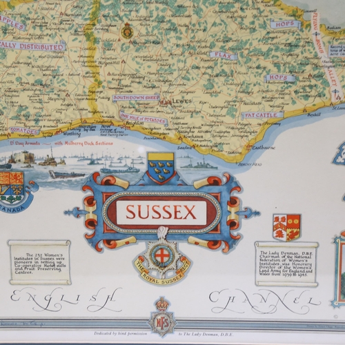 125 - The Royal Sussex Regiment, a coloured map of Sussex produced for the Women's Land Army Benevolent Fu... 