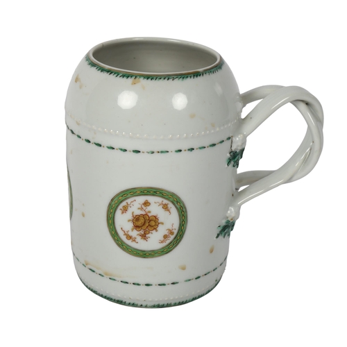 132 - An 18th century Chinese export porcelain tankard, double entwined handles, with hand painted gilded ... 