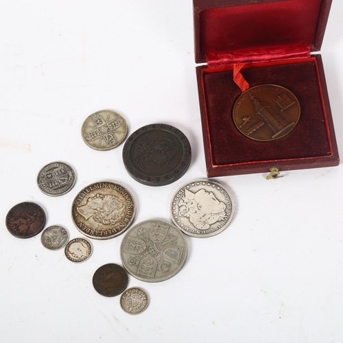 135 - A group of silver and other coins, including a George III cartwheel penny, American 1 dollar, a Neth... 