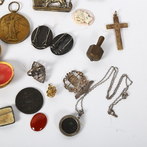 140 - A Victorian gilt-metal sovereign case, a pair of Swiss badges with red and white enamel emblems, a F... 