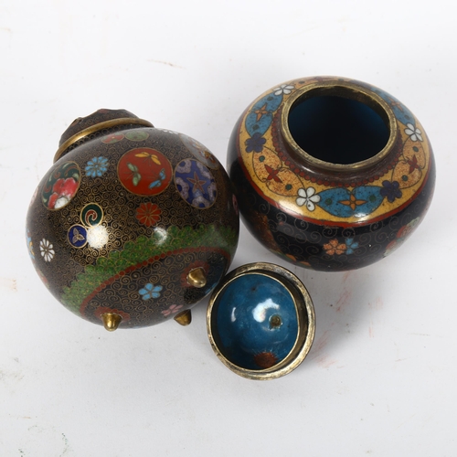 141 - A small Chinese cloisonne incense burner, and a Chinese enamel cloisonne small pot and cover, talles... 