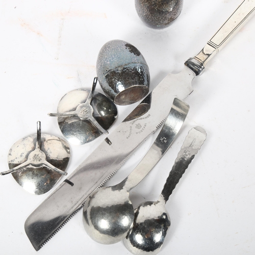 144 - 2 Keswick School of Industrial Art stylised spoons, a pair of Danish plate candlesticks, a pair of h... 