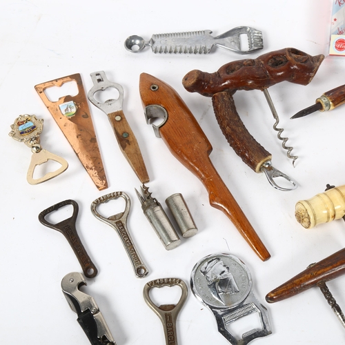 148 - A collection of Vintage and other corkscrews and bottle openers, including bone-handled, fish design... 