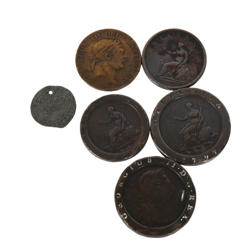 161 - 2 George III cartwheel pennies and two pence, a George III half penny coin 1807, a Henry VIII grot, ... 