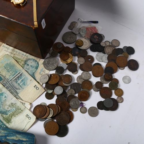 171 - Various English and foreign coins and banknotes, including Victorian silver half crown, silver three... 