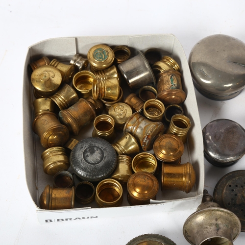 174 - A collection of inkwell lids, Claret jug mounts, candle stands etc