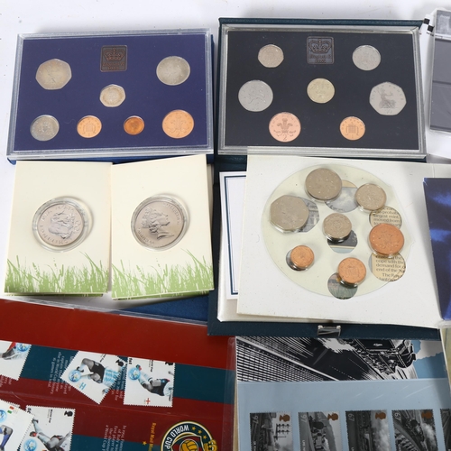 176 - Various cased proof coinage sets 1982 and 1985, First Day Covers and coin covers, stamps etc