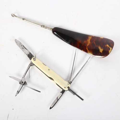 183 - Hill G Hay, a Vintage multi-tool penknife with integral measure, and a tortoiseshell-effect button h... 