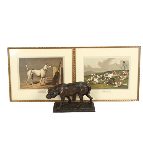 187 - A bronzed spelter sculpture of a Bulldog on stand, length 12cm, together with 2 Antique Henry Alken ... 