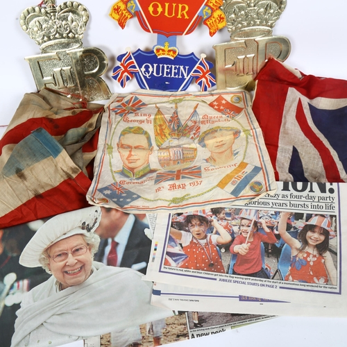 193 - An Elizabeth II folding banner God Save Our Queen, a 1937 Coronation panel, 2 Union Jacks etc