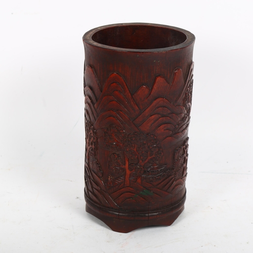 211 - A Chinese relief carved bamboo brush pot, height 18cm