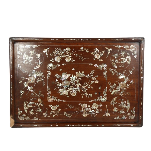 213 - A large Chinese hardwood rectangular tray, with allover mother-of-pearl and abalone shell inlaid dec... 