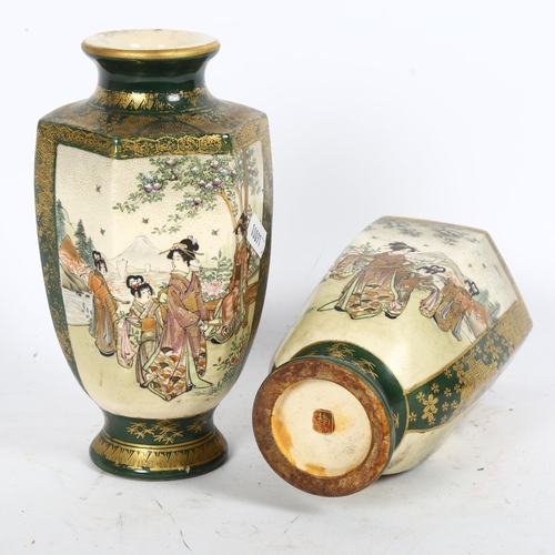 228 - A pair of Japanese green ground Satsuma panel vases, with figural decoration and signed to the base,... 