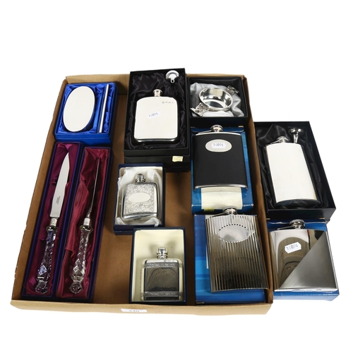 240 - A collection of modern pewter hip flasks, quaich etc, all boxed