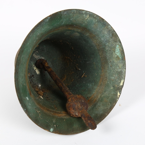 30 - A heavy unpolished bronze bell with iron clapper, impressed Shetland 1951, height 25cm, diameter 24.... 