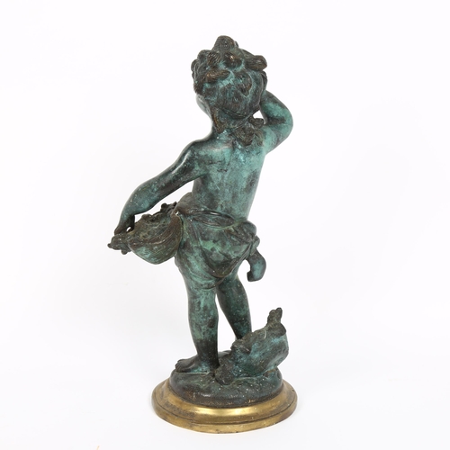 34 - An Antique verdigris bronze figure, girl carrying a basket of fruit, height 39cm