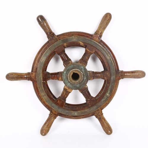 43 - A 1930s 6-spoke teak and brass-bound ship's wheel, width 47cm