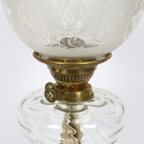 47 - A Victorian brass Eltex oil lamp with glass font, complete with etched glass shade and funnel, heigh... 