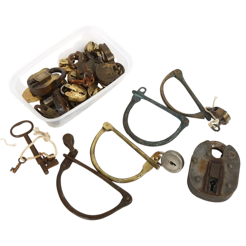 254 - A selection of early 20th century kit bag hasps, Vintage padlocks and keys