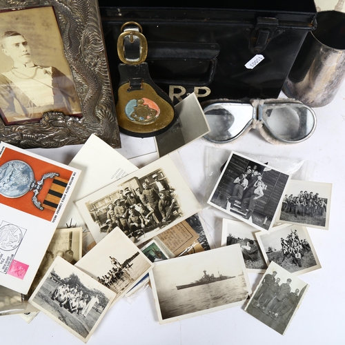 257 - A selection of military ephemera, including a Japanese antimony style floral picture frame, various ... 