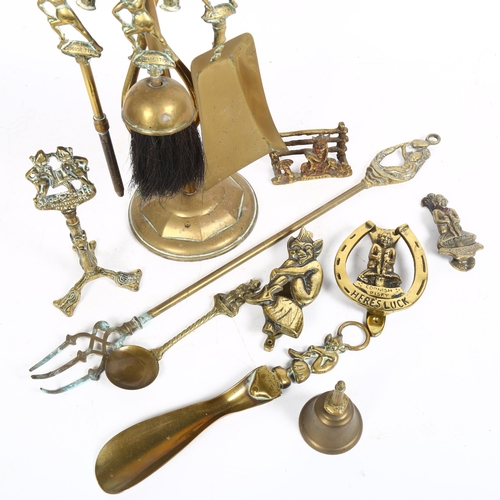 267 - A group of Vintage Cornish brassware, including a companion set decorated with Dartmoor Pisky, brass... 