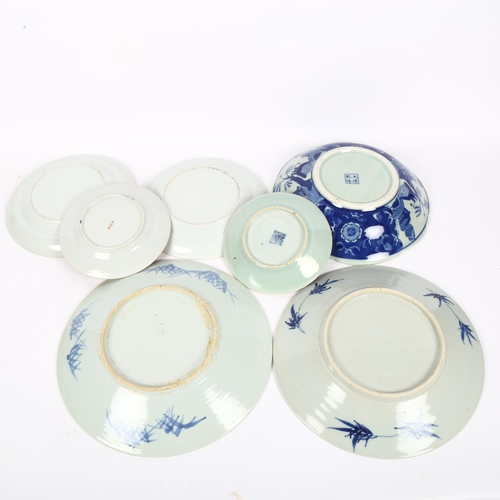 318 - A group of Chinese plates, including blue and white, famille verte, celadon etc, largest diameter 25... 