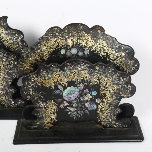 340 - A pair of Victorian papier mache desk stands or letter racks, with abalone shell inlaid decoration, ... 