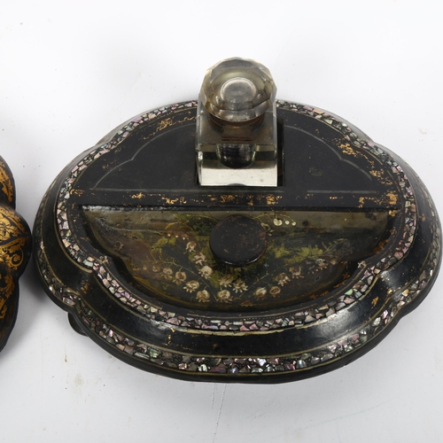 342 - A Victorian papier mache ink stand with abalone shell inlaid decoration, and 2 inkwells, plus 1 othe... 