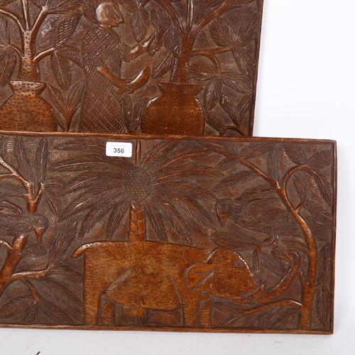 356 - A group of 3 African relief carved hardwood panels, largest length 60cm