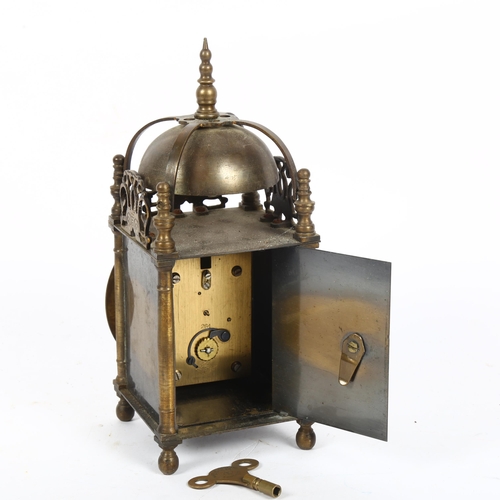 359 - A brass-framed 4-pillar lantern clock, height 25cm, width 10cm