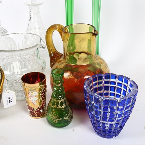 365 - A Bohemian and cranberry etched beaker, a green bubble glass and glided vase, a Whitefriars decanter... 