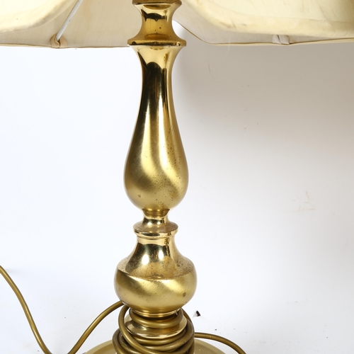 378 - A pair of Vintage brass lamps with cotton shades, largest height 67cm