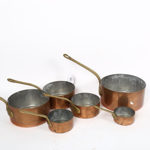 388 - A graduated set of 6 copper pans with brass handles, largest diameter 16cm