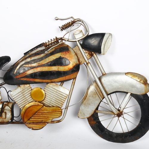 390 - A modern pressed metal motorcycle wall sculpture, length 100cm, height 45cm