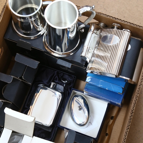 398 - A quantity of modern pewter tankards, hip flasks etc