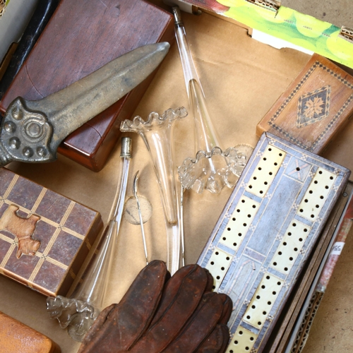 400 - A pair of Vintage driving gloves, a selection of Vintage wooden boxes and measuring sticks