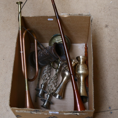 409 - A brass hunting horn, and another, a pair of Indian brass candlesticks etc (boxful)