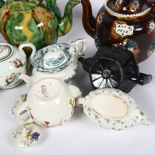 413 - A Bargeware style teapot (spout A/F), Victorian teapots and various others (10)