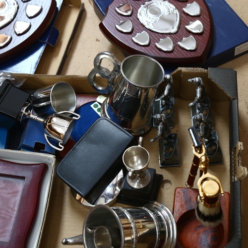 440 - Various modern pewter tankards, presentation shields, photo frames etc (boxful)