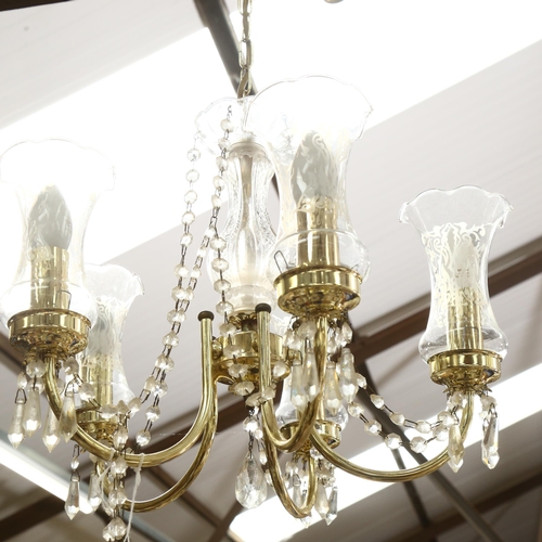 445 - A modern brass-effect 5-branch chandelier, with glass lustre drops