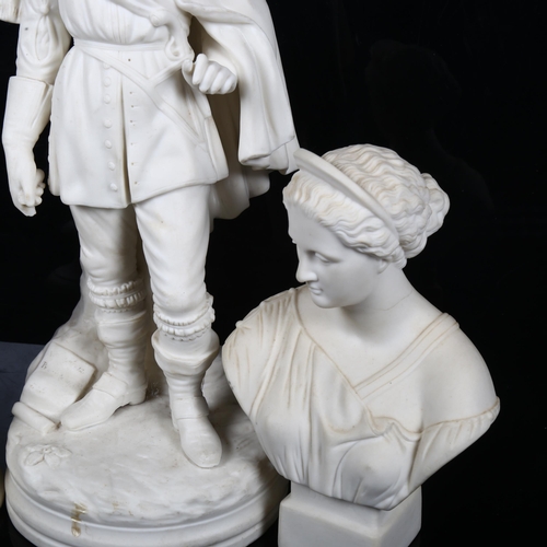 451 - 2 Parian Ware busts, and a Cavalier figure, 36cm